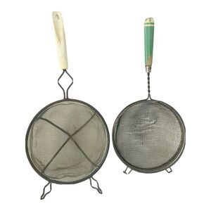 2 Vintage Farmhouse STRAINERs Rustic Kitchen Mesh Wooden Utensil Primitive Green